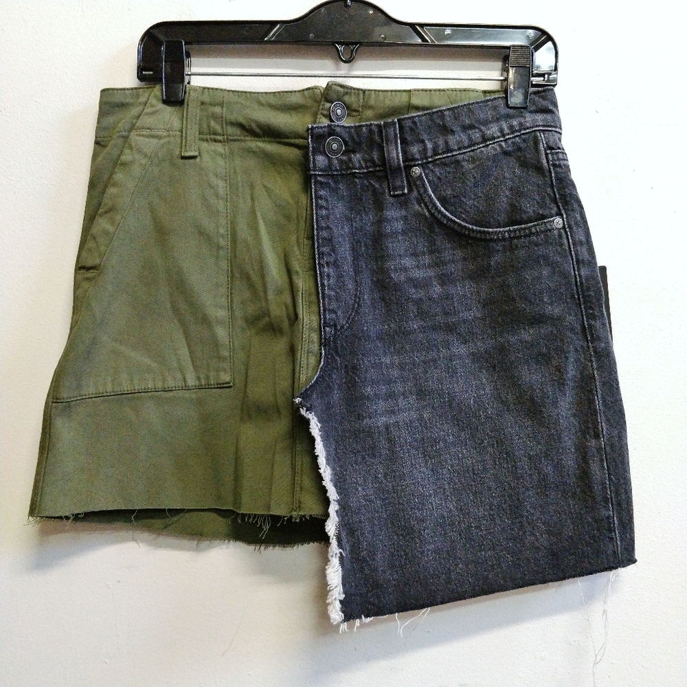 NWT Hudson Green/Black Asymmetric Layered Crossover Denim Wrap Skirt 27 - Picture 3 of 12